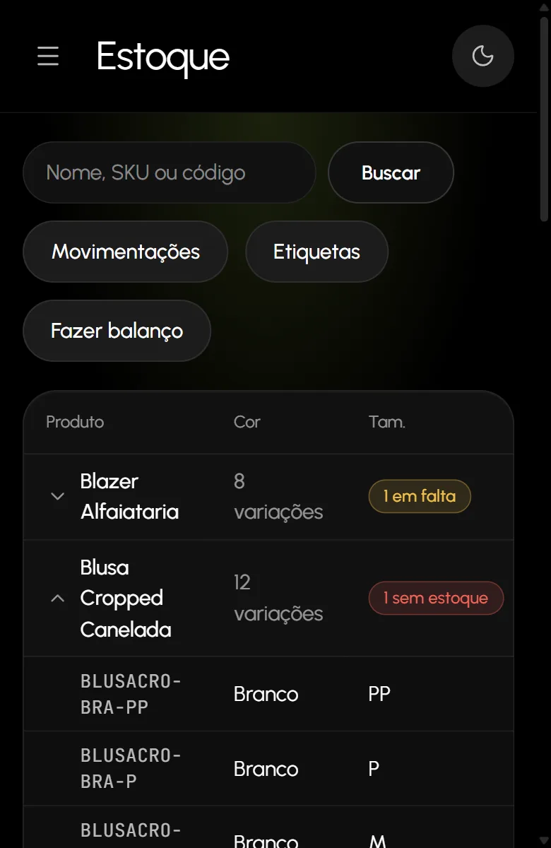 Controle de estoque por tamanho e cor no Vitrini: cada combinação com saldo, custo e preço.